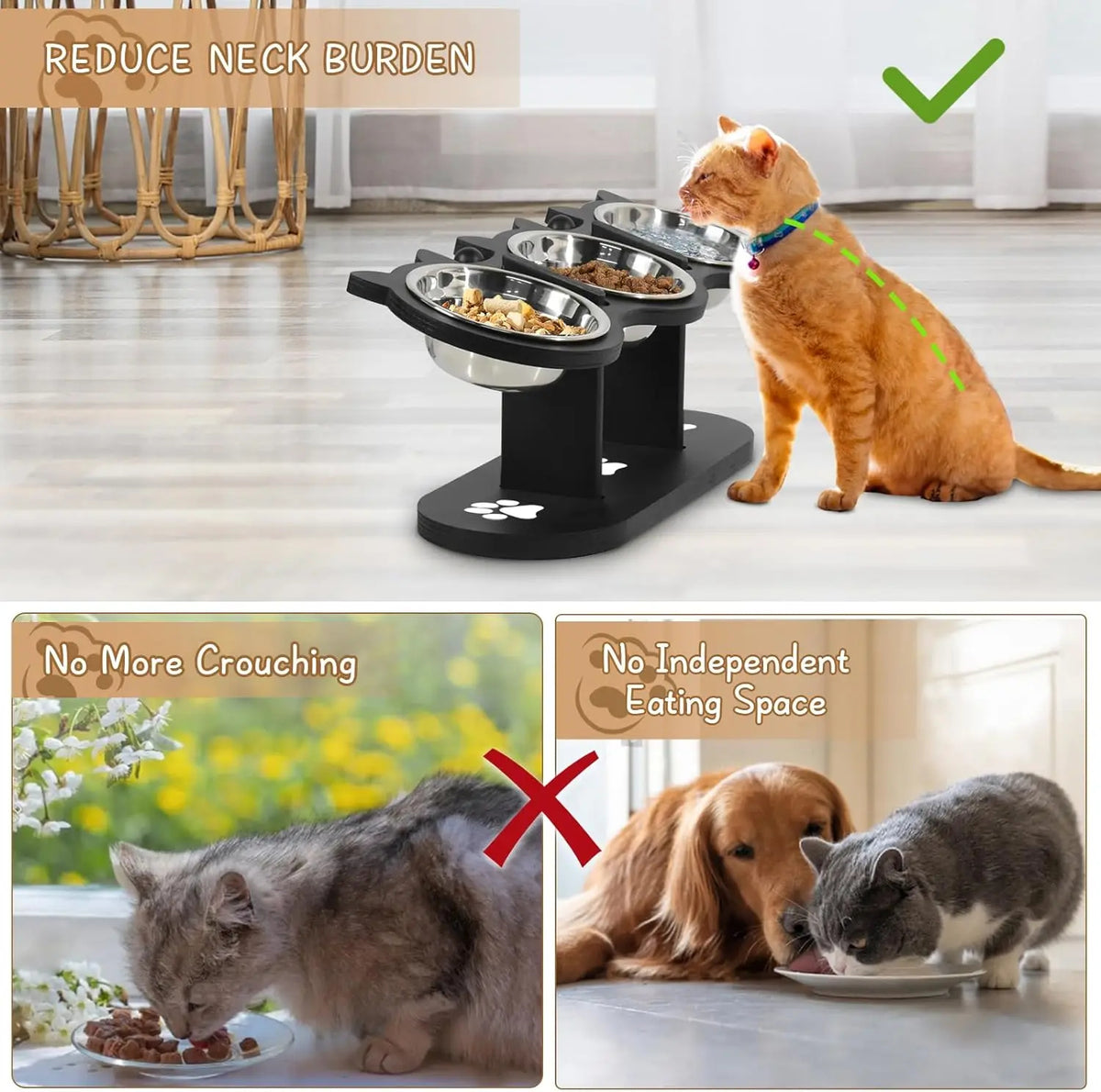 Purrfect Trio Adjustable Elevated Cat Bowl Set